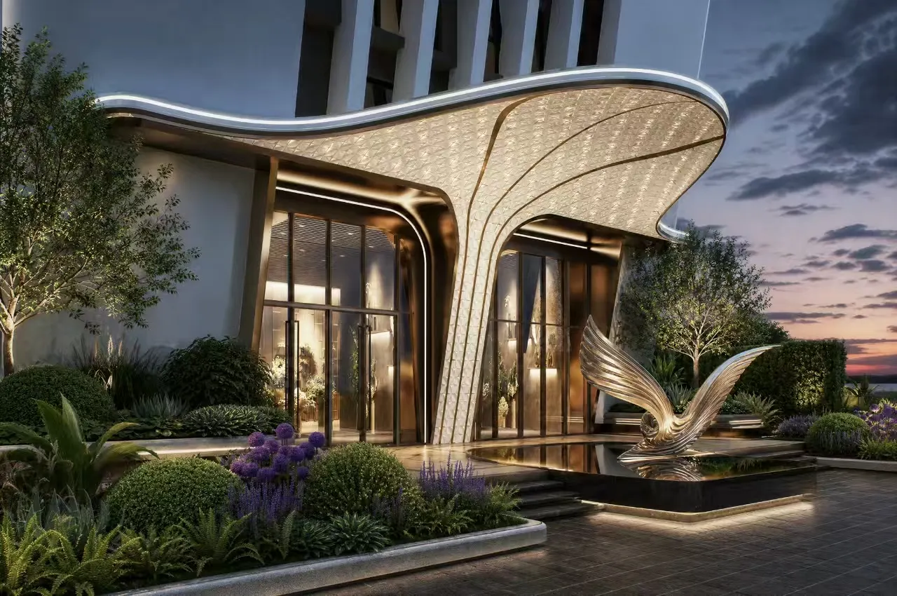 Evening arrival court at Santorini Residences, with the illuminated canopy over the entrance.