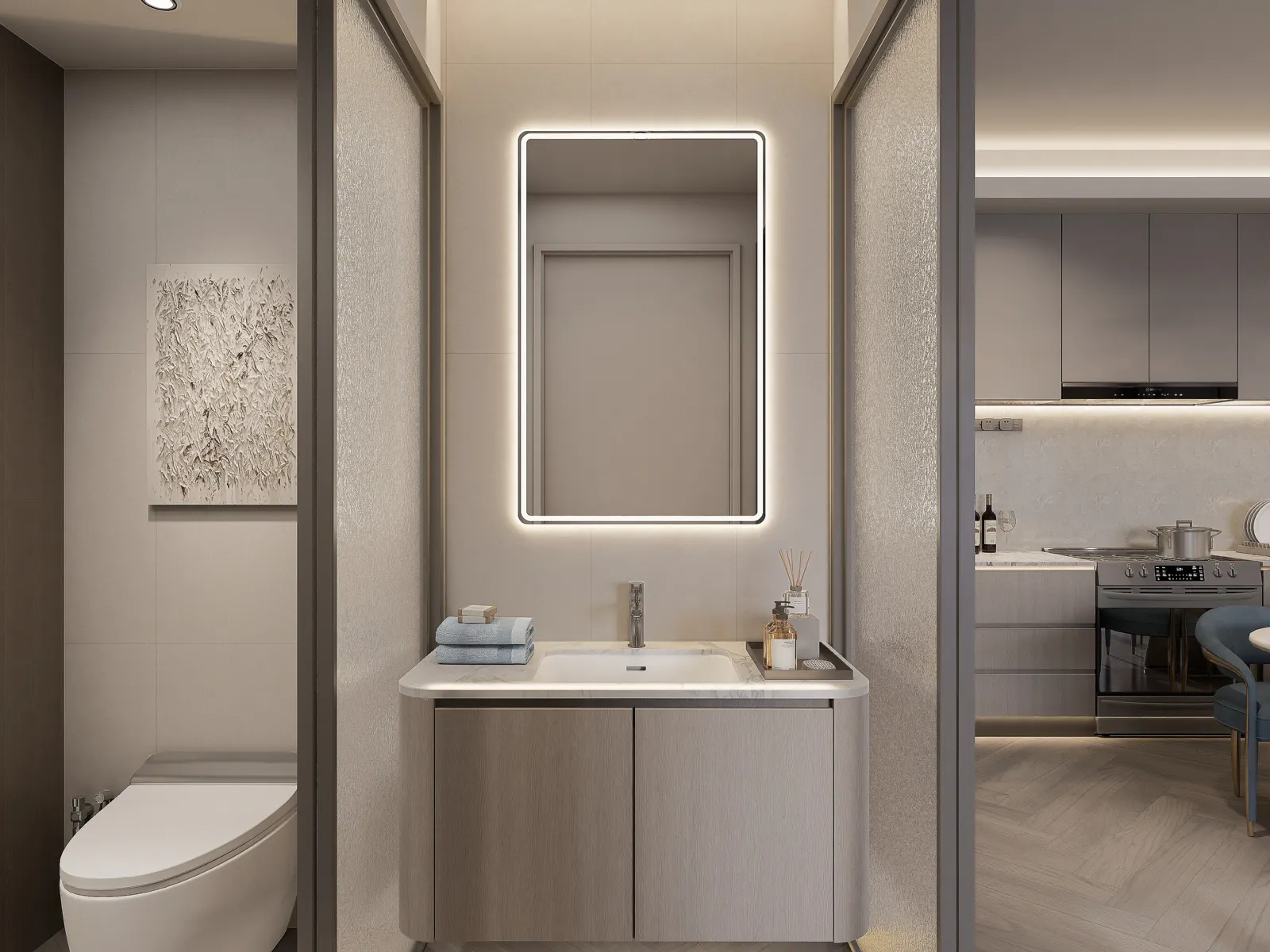 Bathroom vanity with a lit mirror and pale stone finishes.