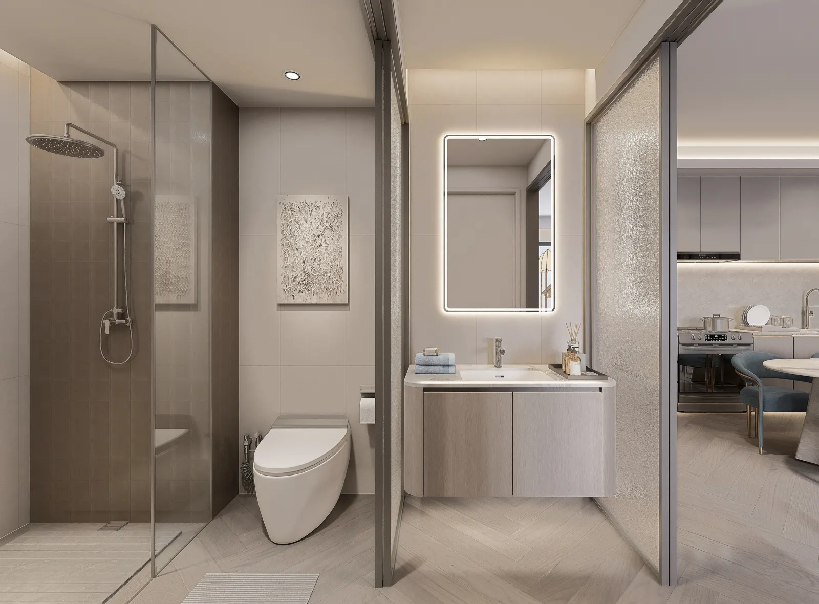 A wide view of a residence bathroom.