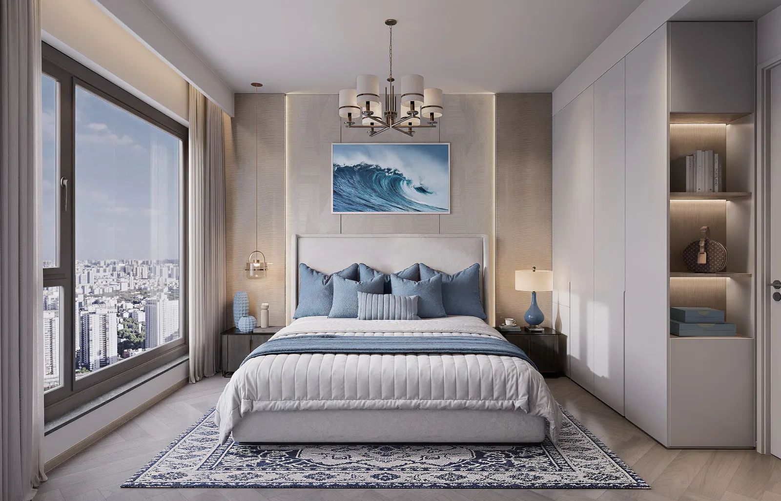 Bedroom finished in pale stone, timber, and soft blue textiles.