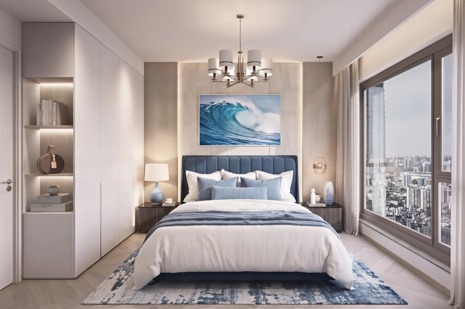 A bedroom with a navy upholstered headboard, blue bedding, and a wide window over the city.