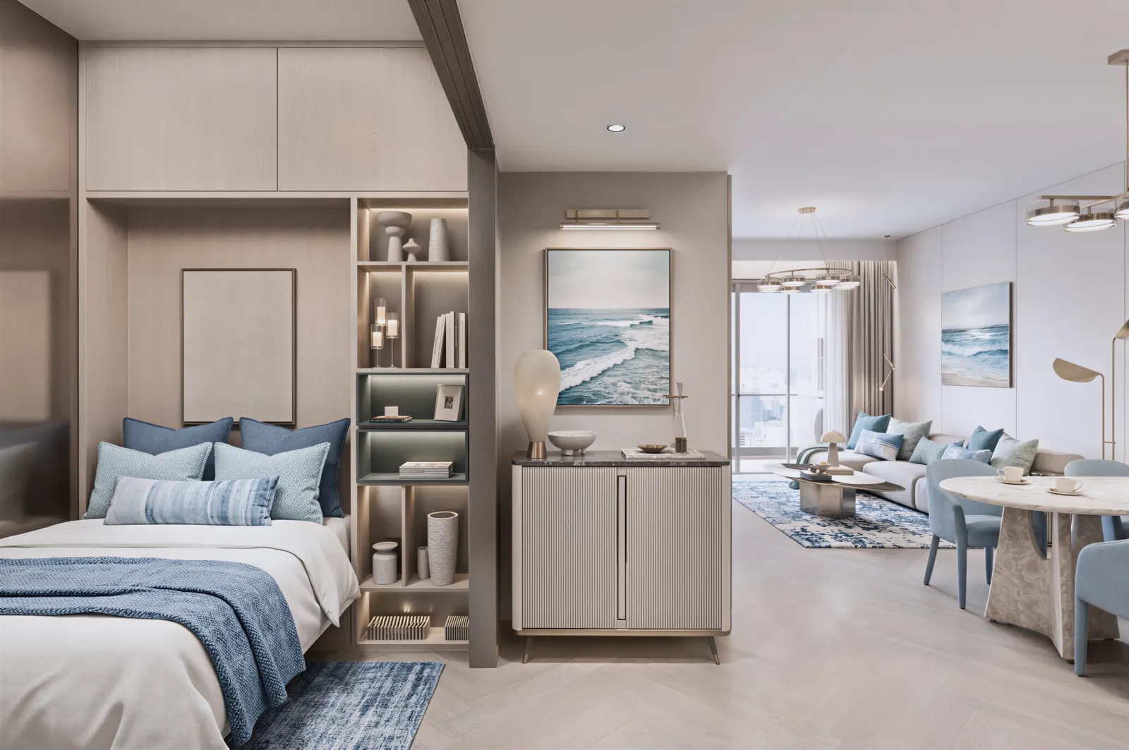 A bedroom with built-in shelving that opens toward a light living and dining room.