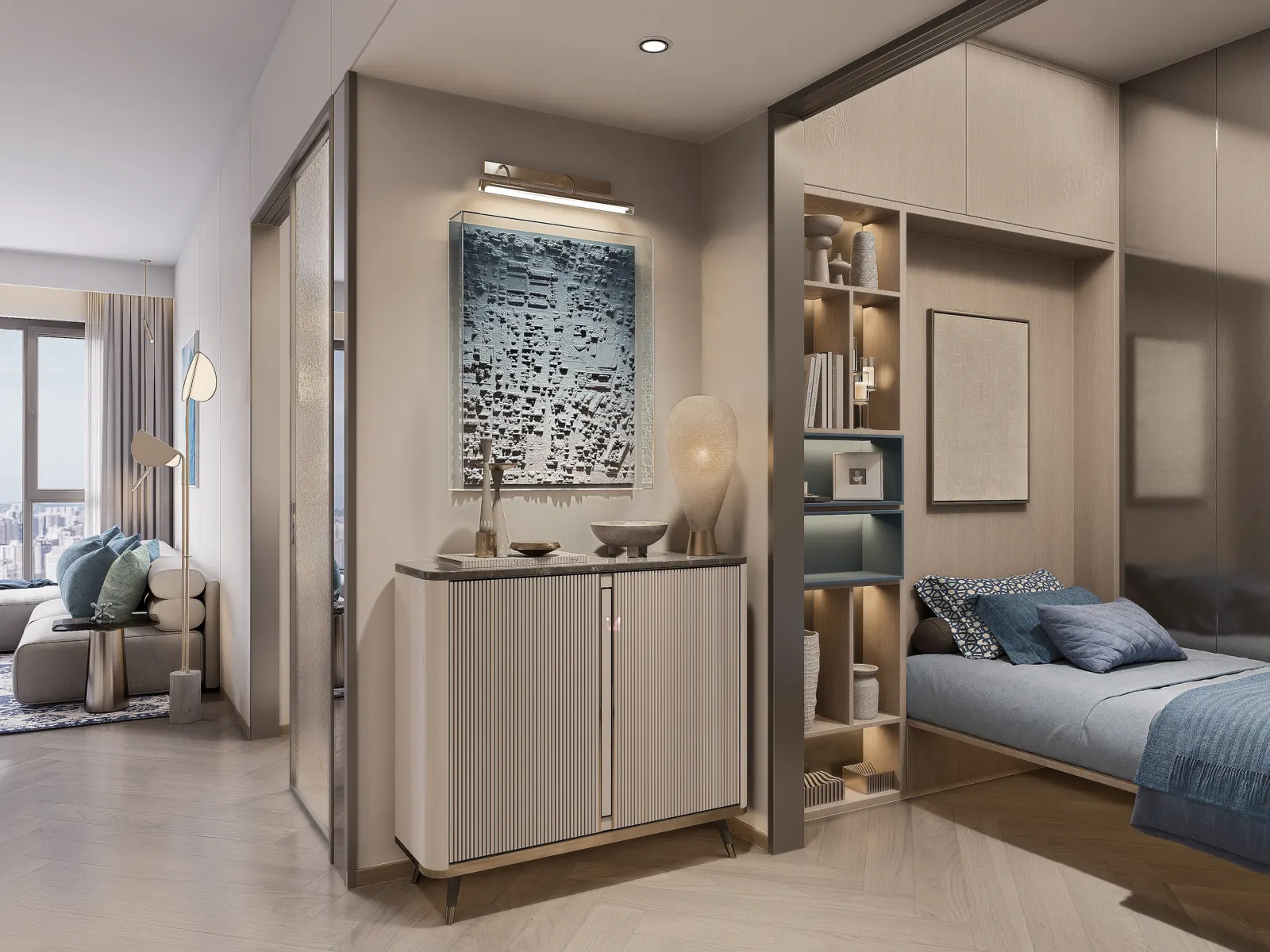 Entrance and bedroom detail within a residence.