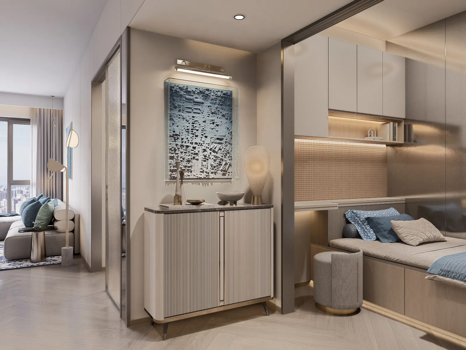 A flexible entrance room with a low daybed and built-in storage.