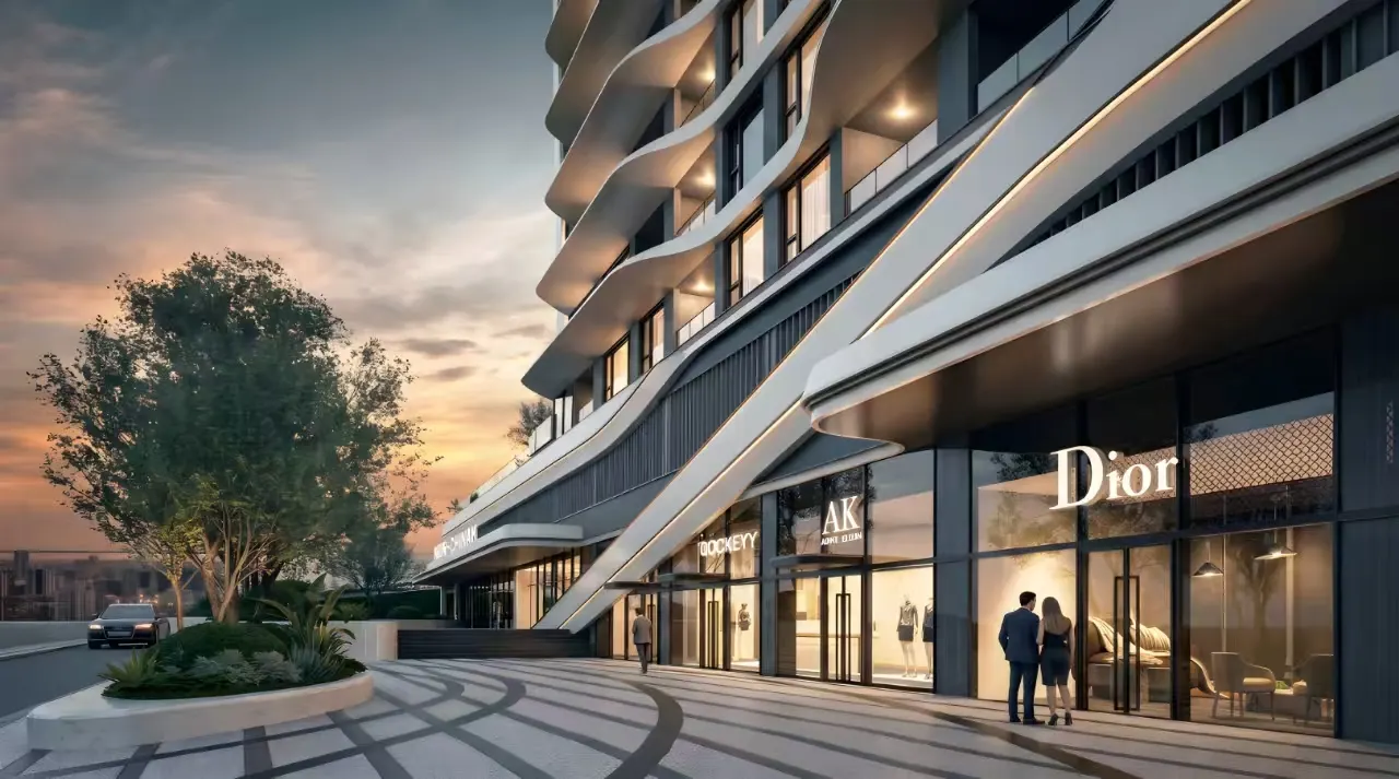 Curved aluminium balcony lines and large-format glazing along the Santorini façade.