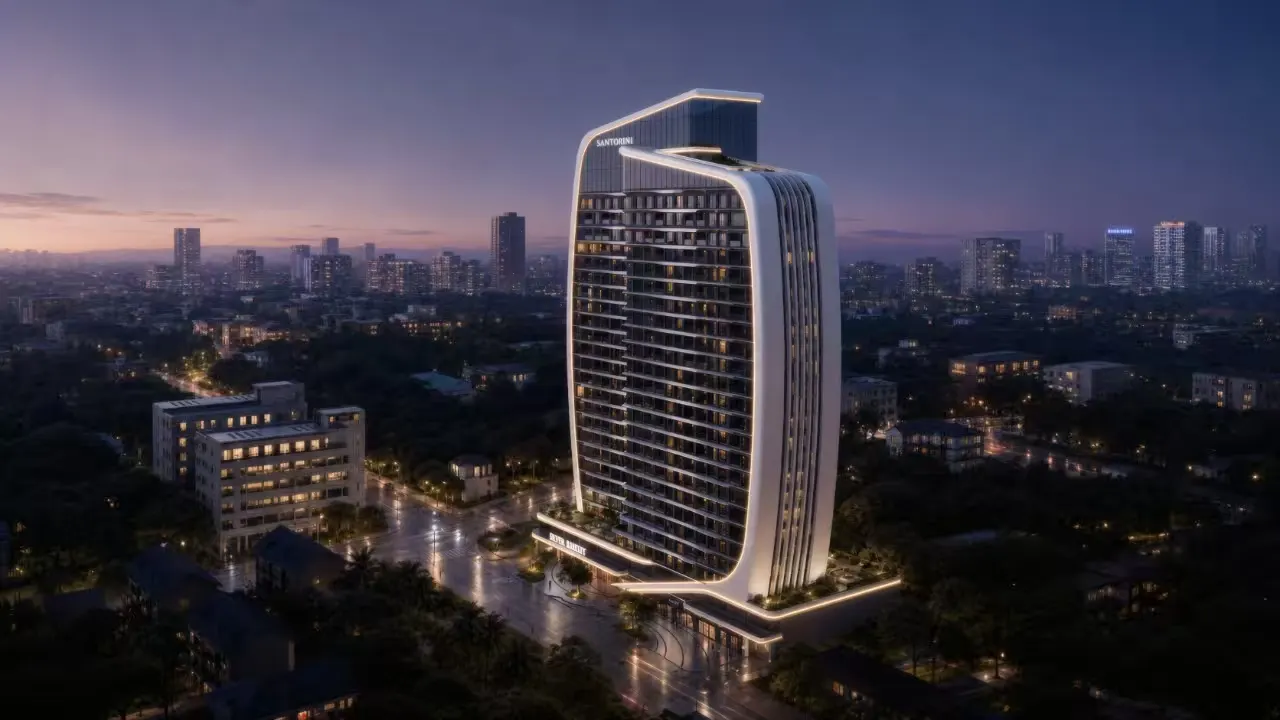 Santorini Residences at night, a curved illuminated tower above the Nairobi skyline.