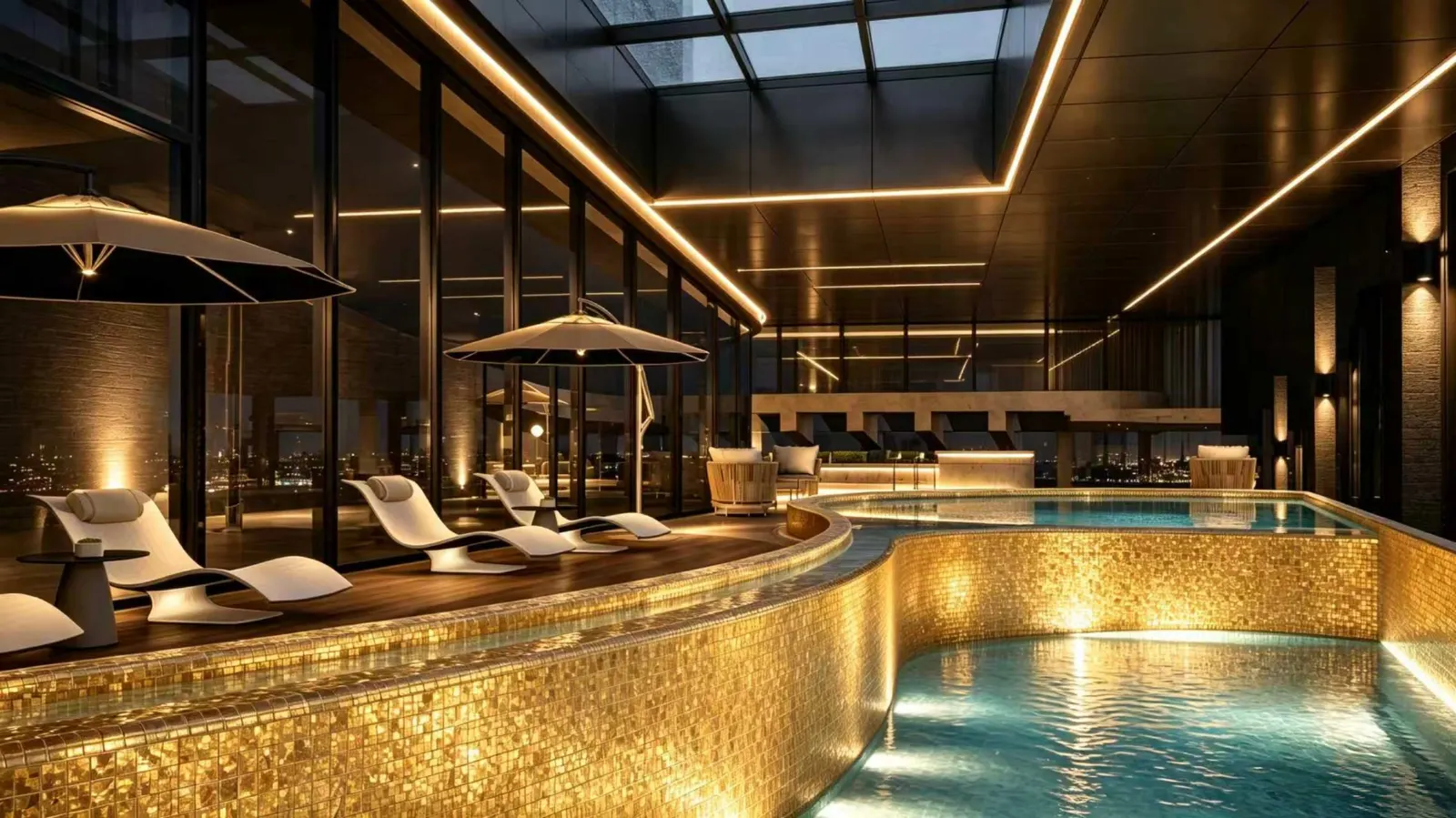 Indoor pool with a mosaic rim, daybeds, and glazing toward the city at night.