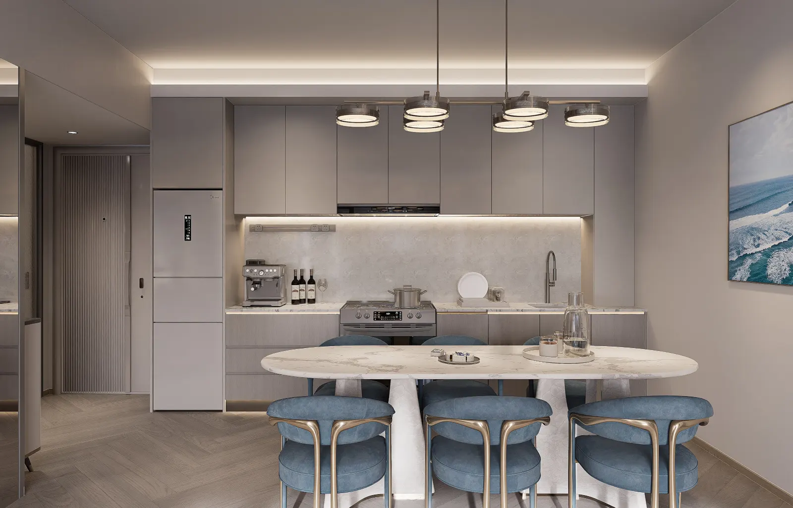 A contemporary kitchen with pale cabinetry and a stone worktop.