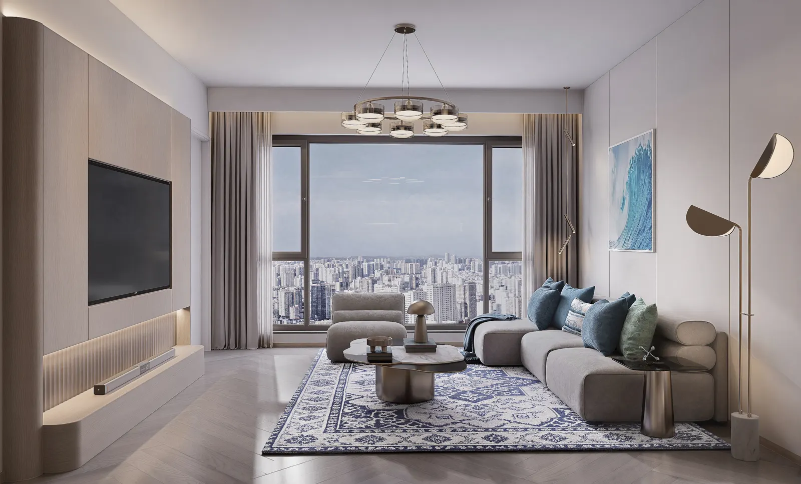 Residence living room facing full-height glazing and the city beyond.