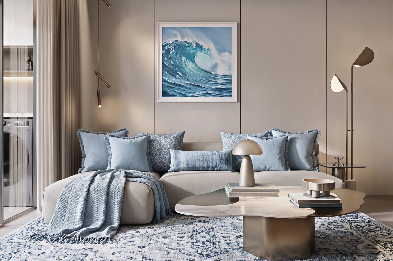 A living room with a sand-coloured sofa, blue cushions, and a large blue wave artwork above.