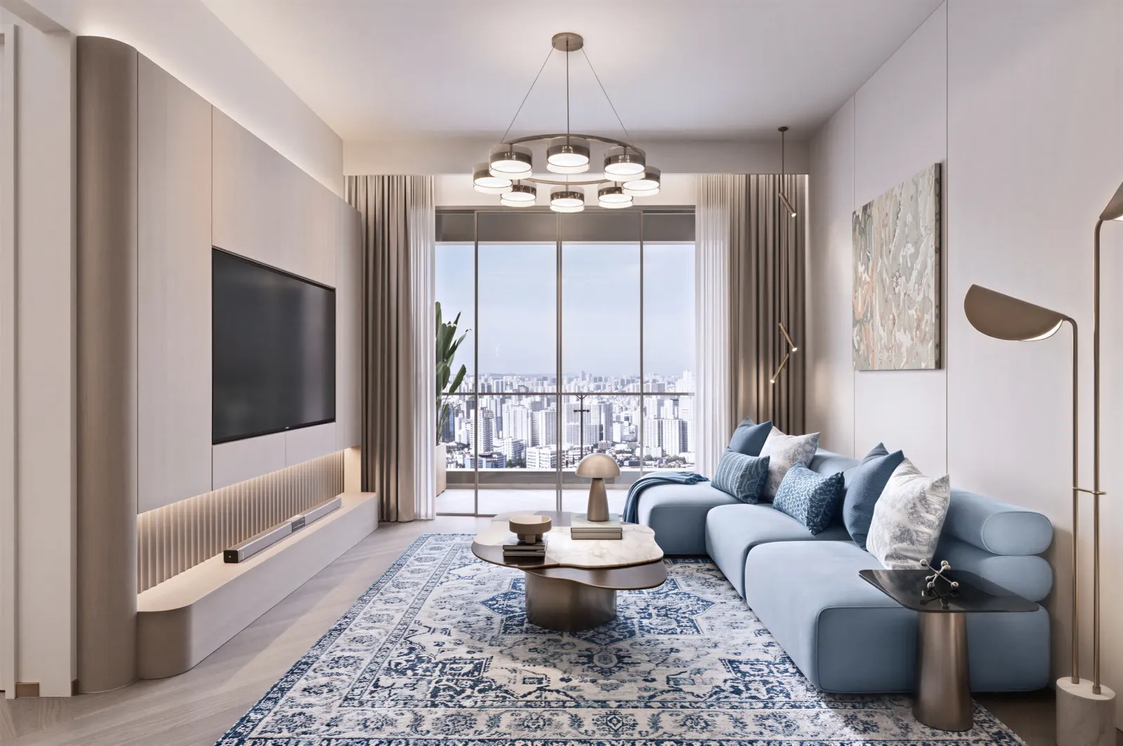 Living room of a Santorini residence, a pale blue sofa and patterned rug beneath full-height glazing and a city view.