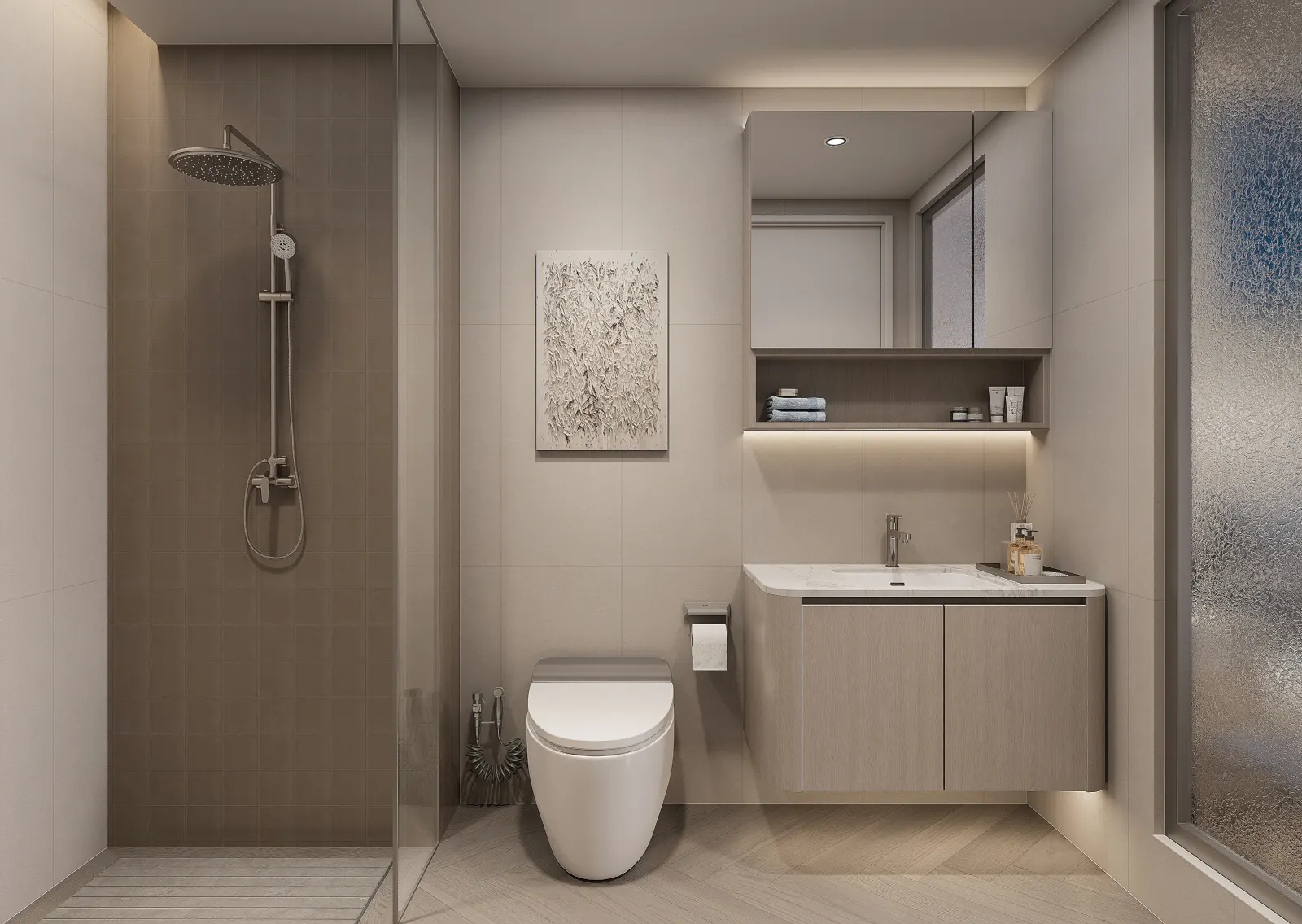 A master bathroom with stone surfaces and a generous basin.