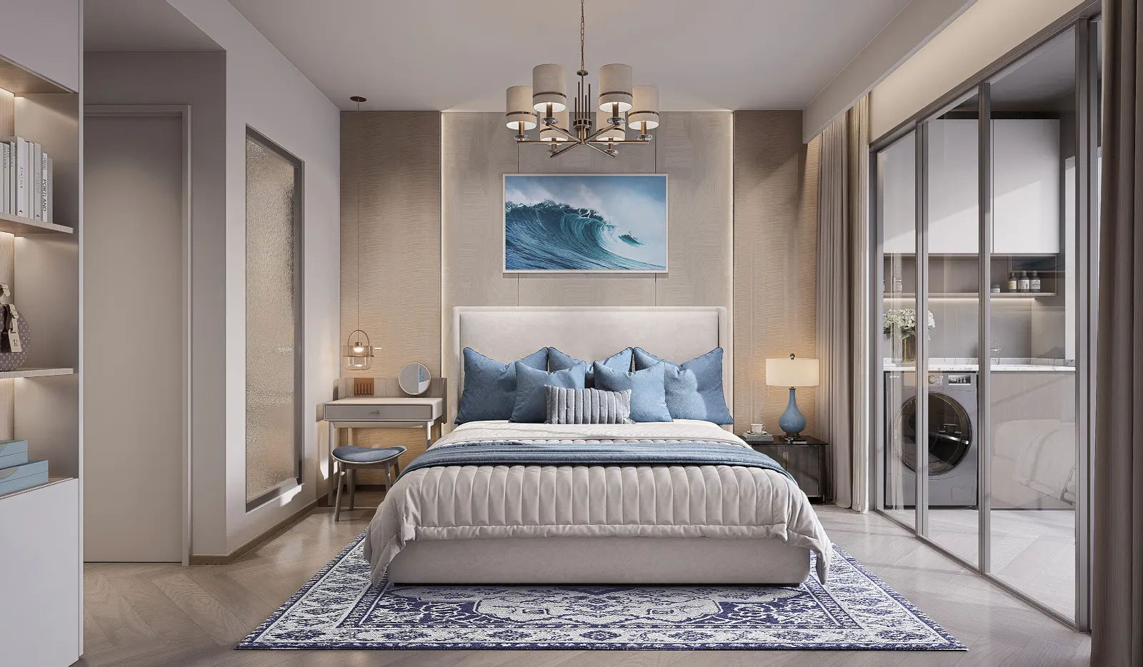 A master bedroom with a upholstered bed, pale timber wall, and glazed dressing area.