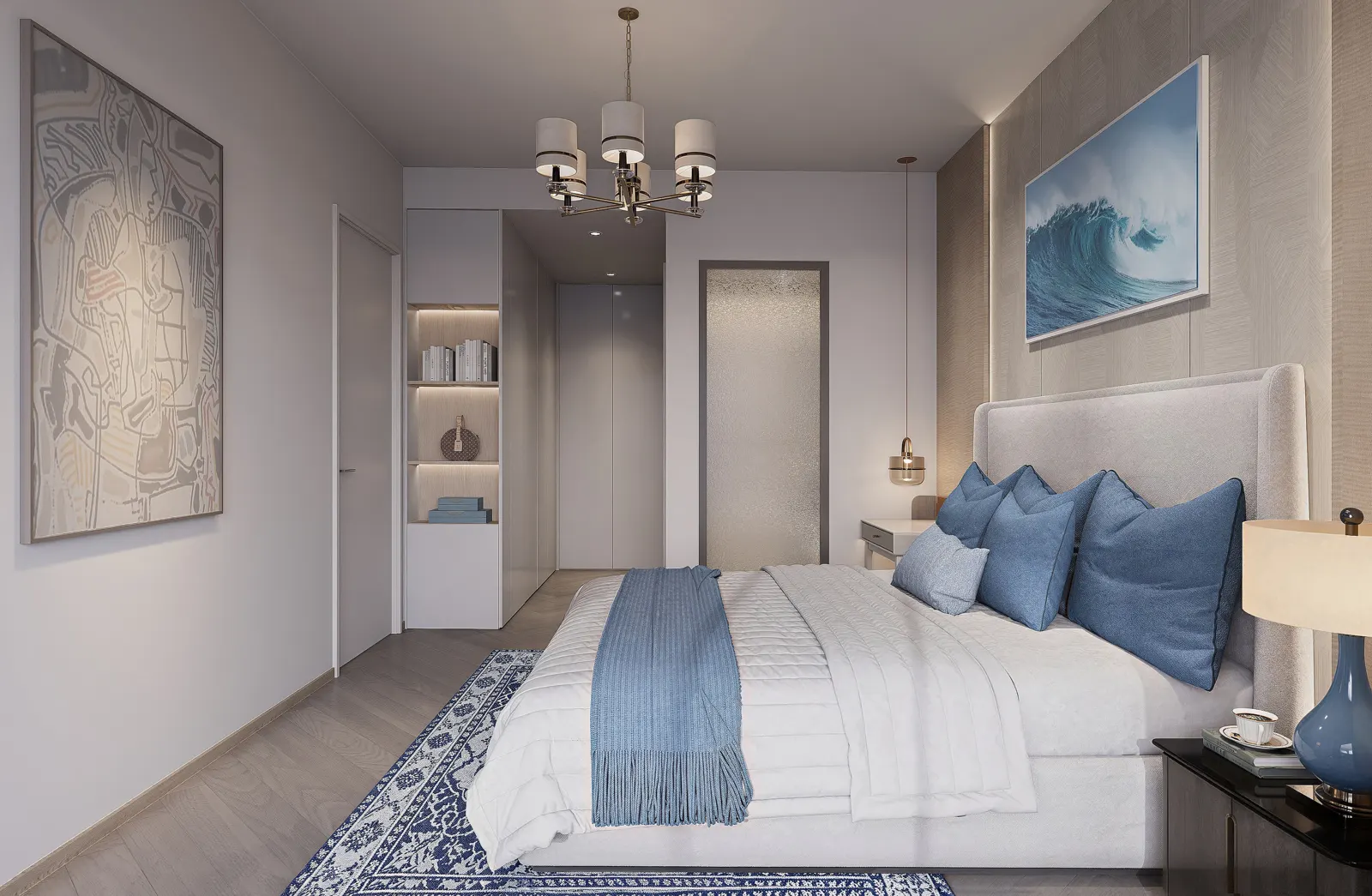 Master bedroom with blue bedding and a wave artwork above the bed.