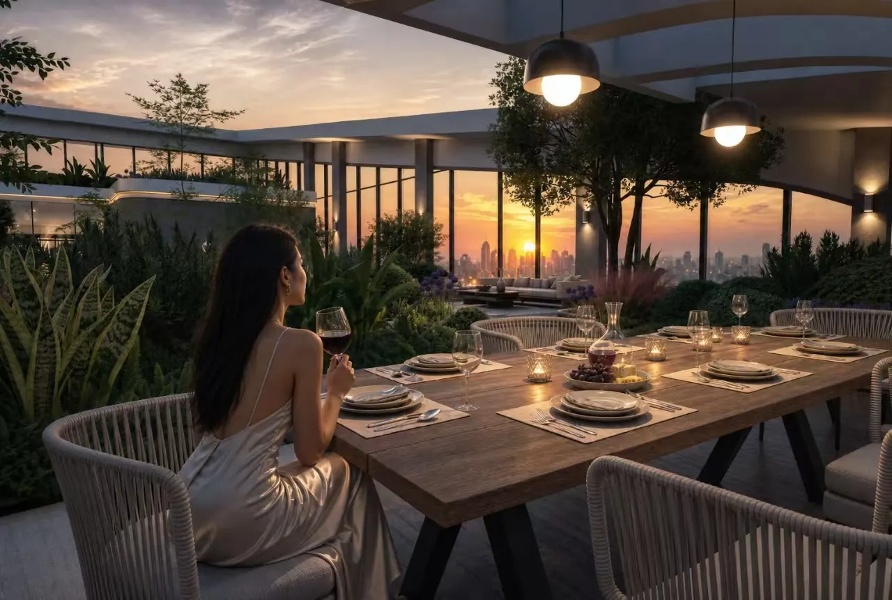 An open dining terrace at sunset, set among planting with a long table facing the city skyline.