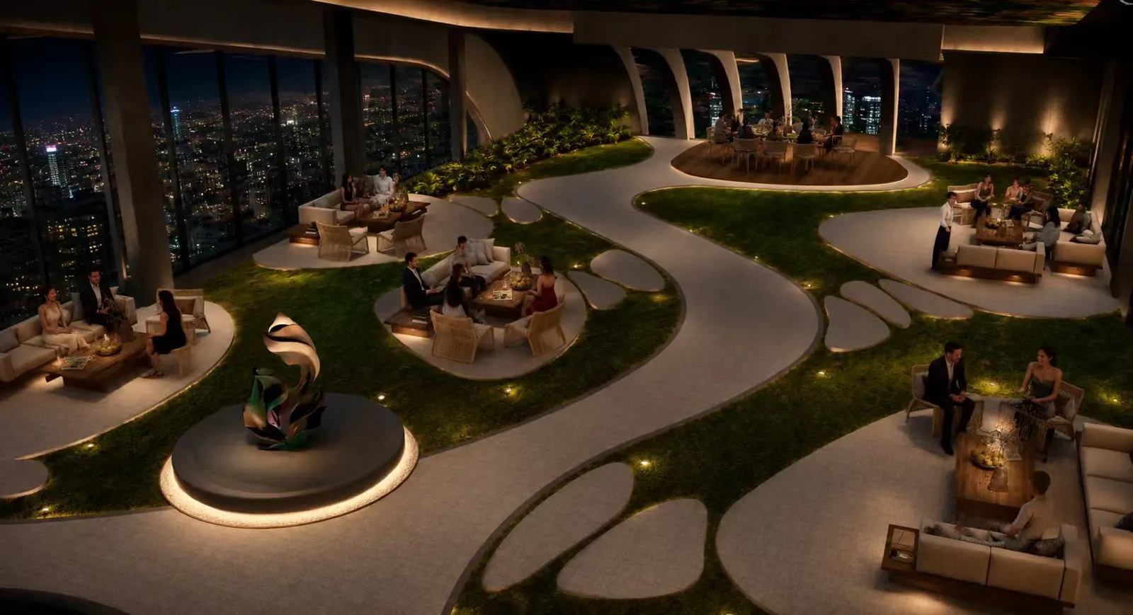Sky lounge garden at night, with winding paths, seating, and city lights beyond the glass.