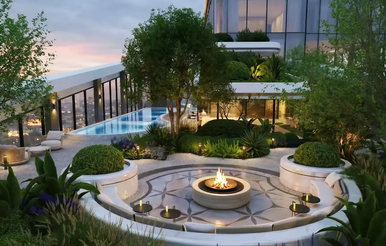 A temperature-controlled sky pool and fire terrace overlooking the city.